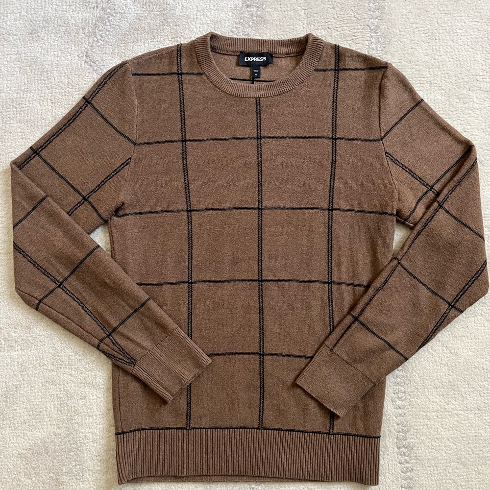Express Men's Cotton Checkered Brown Crewneck Sweater